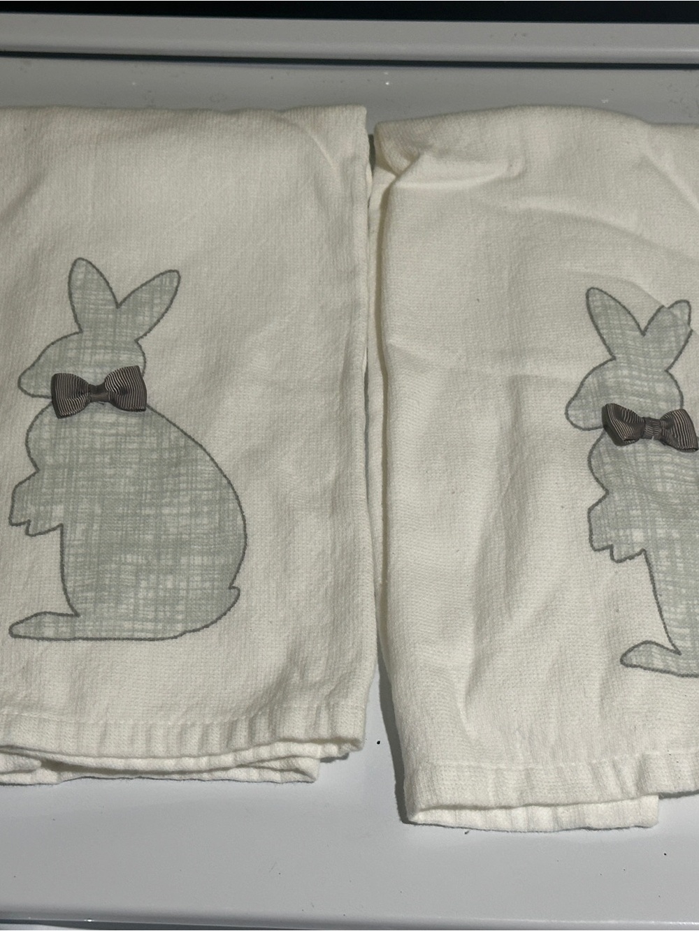 Cream Bunny Easter Dish towel Set with Gray Accent Bow